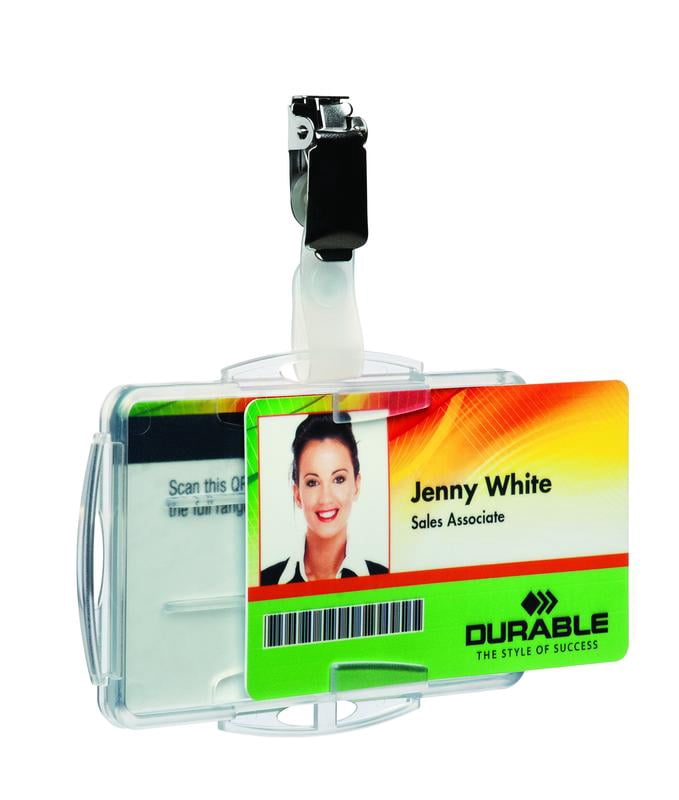 DURABLE Open Face style ID Badge Holders for Two Badges with Strap Clip, Horizontal Or Vertical Orientation, 2-3/4" x 3-5/8", Clear, Pack of 25 (821819)