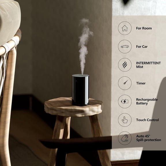 Waterless Nebulizer Diffuser for Essential Oil, 20ml Mini Scent Machine with 3 Timers & 3 Mist Levels, Portable USB-C Rechargeable Aromatherapy Device for Home Office Car - Black 2 Pack