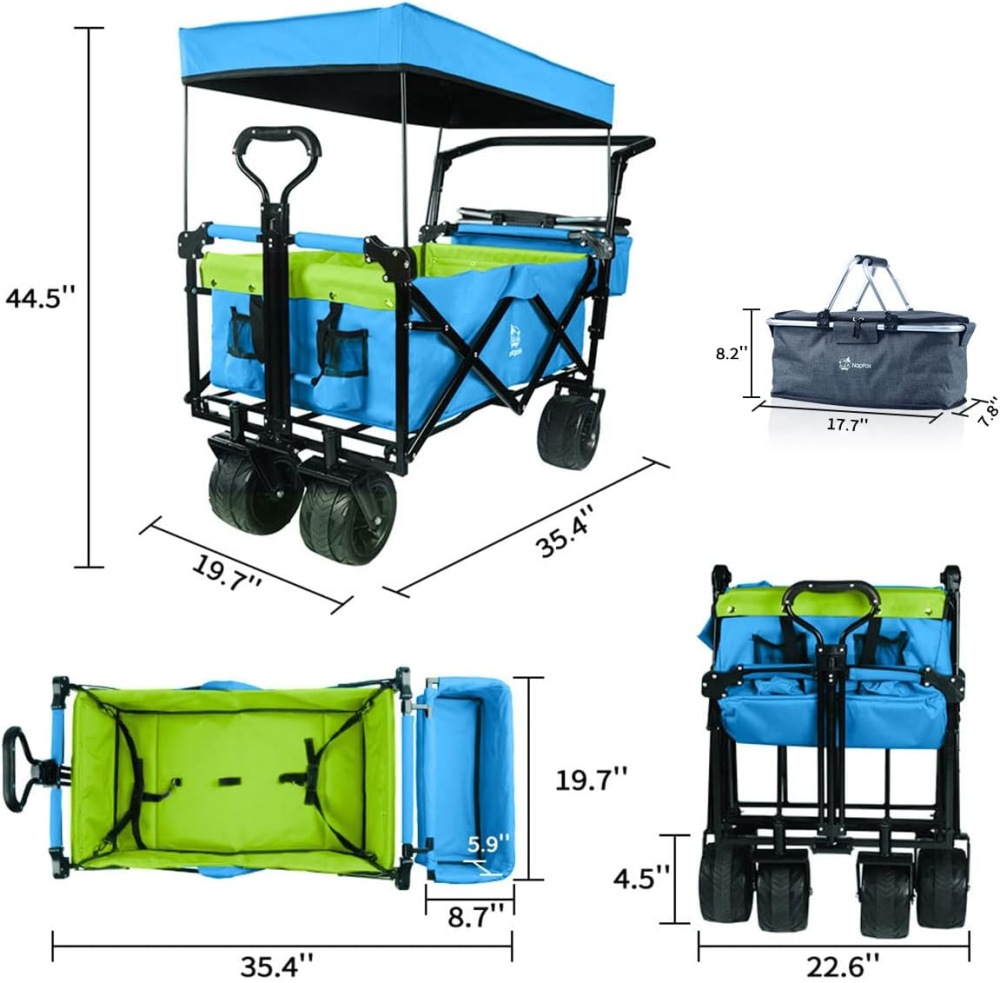 Collapsible Wagon Wagon Cart with Removable Canopy, Heavy Duty Foldable Beach Wagon with  All Terrain Wheels and Brake, Adjustable Push Pull Handle, 220LBS Cooler Bag Utility Carts for Outdoor