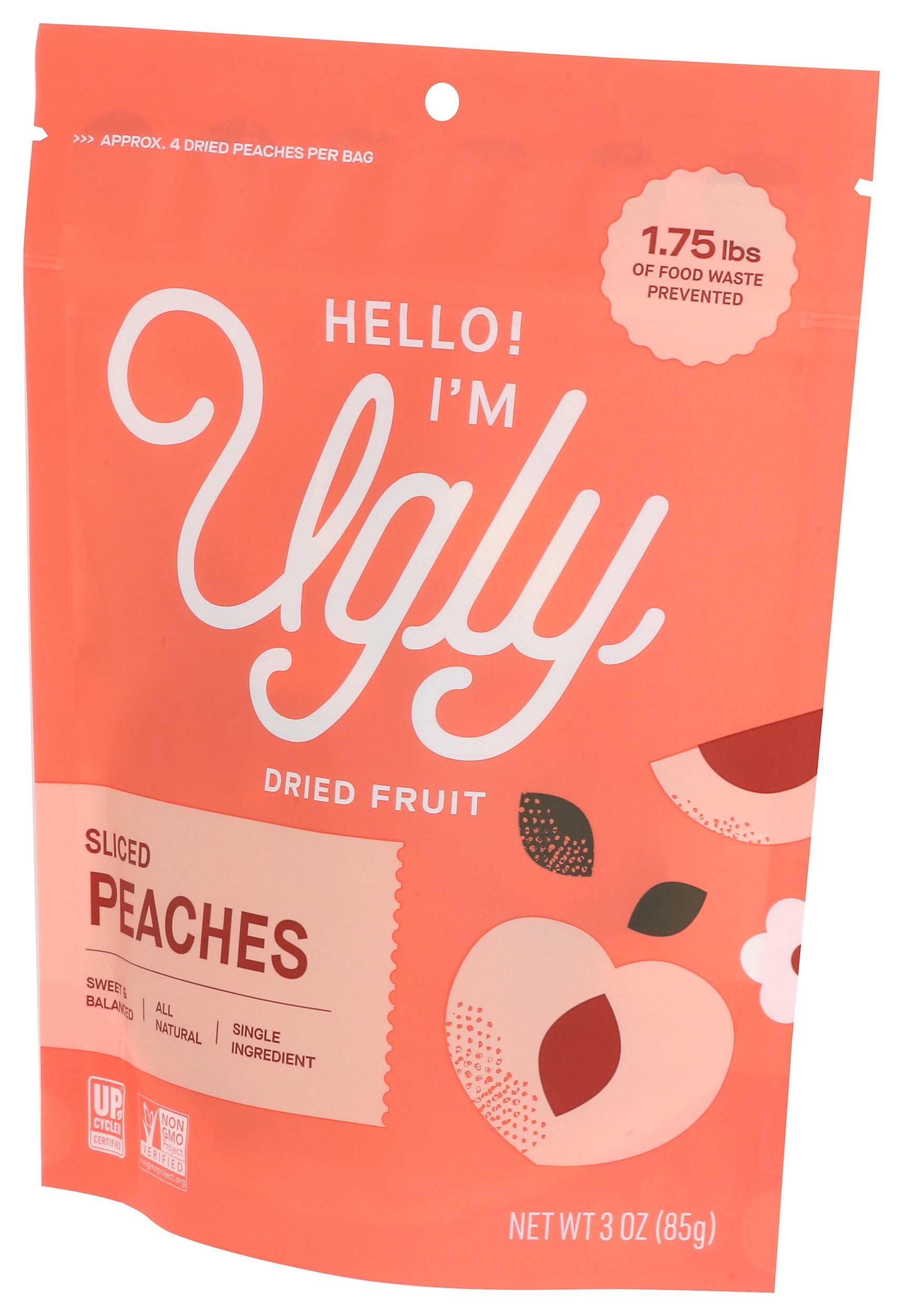 Pack of 12, Hello Im Ugly Dried & Diced Peaches, 3 oz