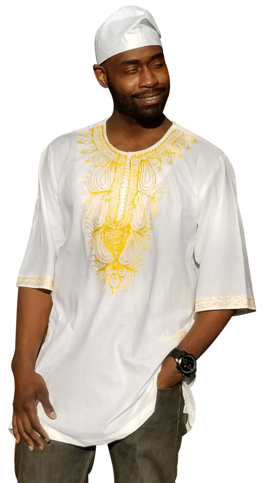 Traditional African Dashiki Shirt with Golden yellow embroidery S to 7XL 