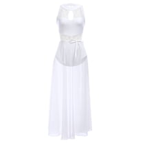 IBTOM CASTLE Women Lyrical Dance Dress Lace Sleeveless Leotard Sheer Flowy Long Wrap Skirt 2pcs Outfit XL White