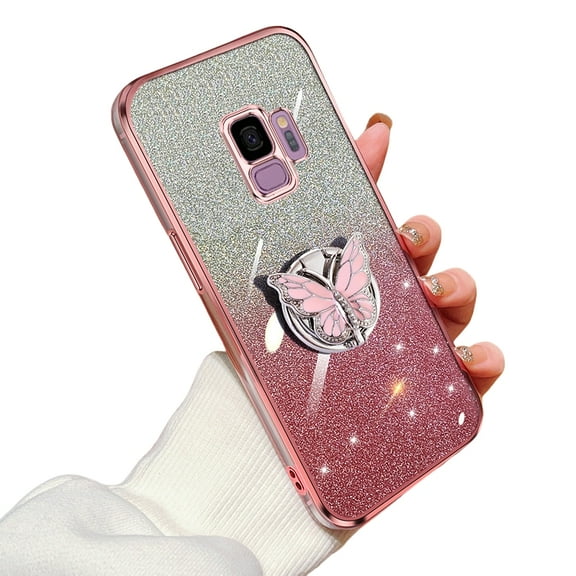 Slim Case for Samsung Galaxy S9 Cover Electroplated Silicone with Bling Butterfly Stand Phone Case for Samsung S9 with Glitter Card Anti-Fingerprint Cover Compatible with Galaxy S9 Shell