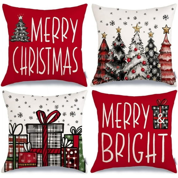 Christmas Pillow Covers 18x18 Inch Set of 4, Snowflake Xmas Tree Present Merry Bright Holiday Decor Decorative Cushion Cases Winter Decoration for Home G401N-18