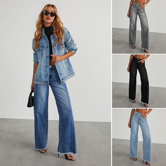 tasrioml Women's Stretch Denim Pants High Waist Wide Leg Jeans Casual Straight Leg Frayed Hem Jean Trousers with Pockets