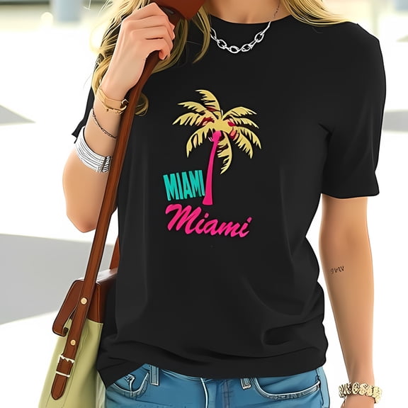 Stylish Cotton Short Sleeve T-Shirt with Colorful 'Miami' Design & Tree Graphic - Perfect for Casual Wear