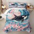 thumbnail image 2 of spefrowx Boho Floral Orca Whale Twin Quilt Set for Girls, Pink Wave Blossom Flower Twin Coverlet Set, 2pcs, 2 of 7