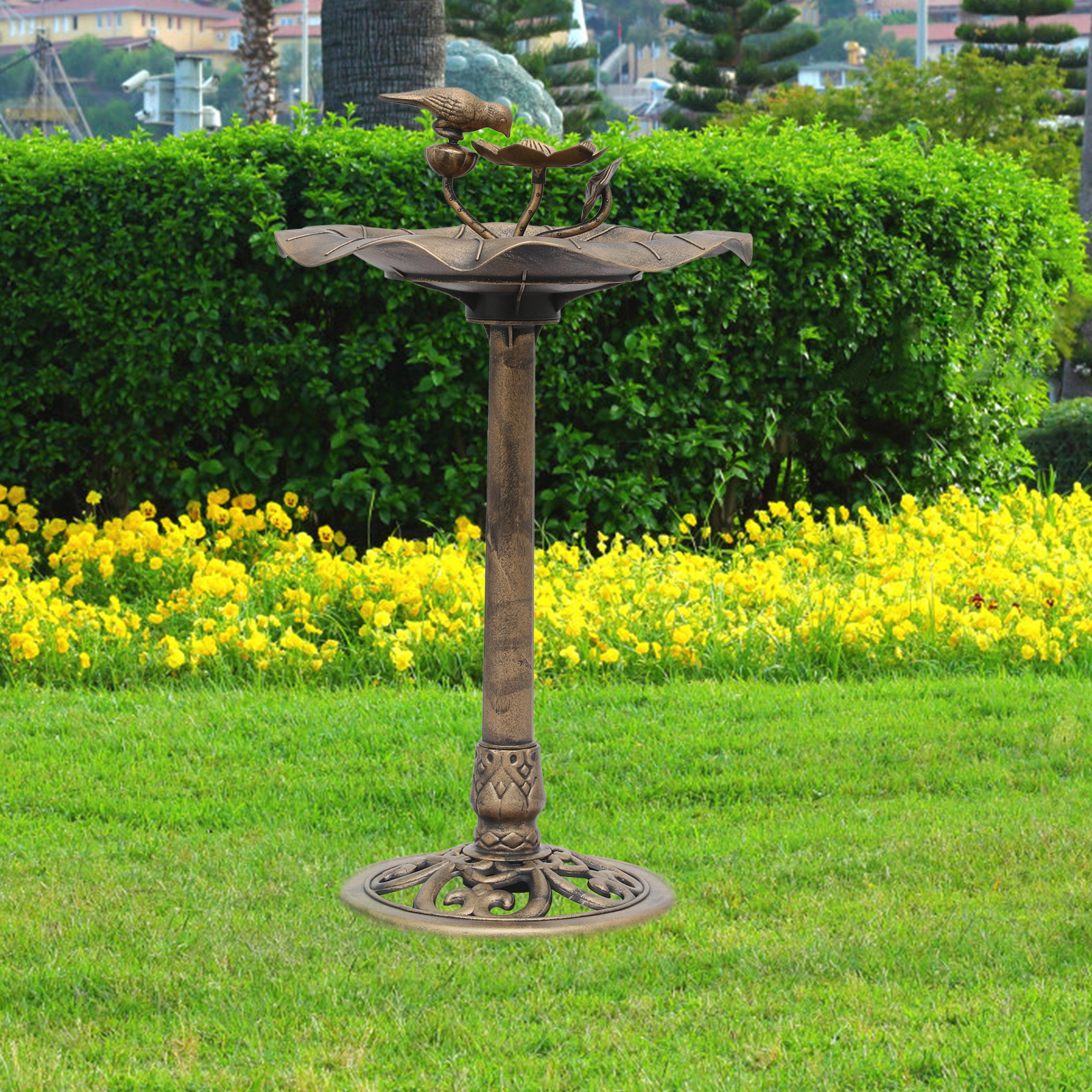 OSM 35" Outdoor Bird Bath and Feeder Set with Pedestal, Vintage Lotus Design, Weather-Resistant, 1.3-Gallon Water Capacity for Garden, Backyard, Patio, Bronze