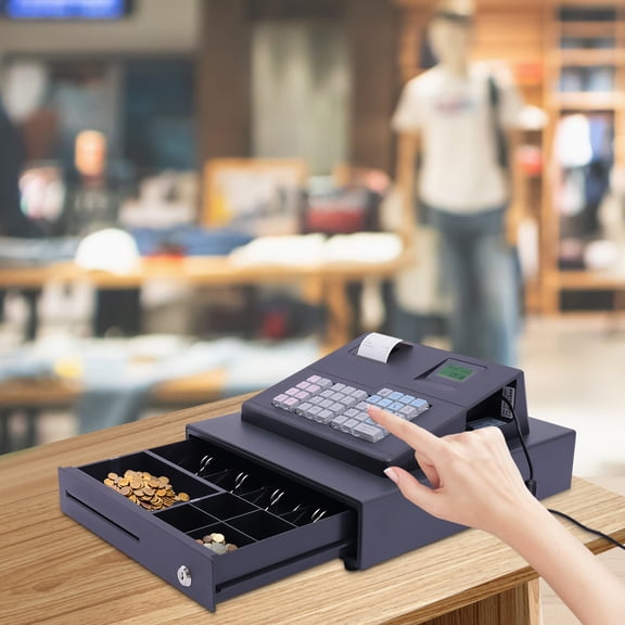 38 Keys Electronic Cash Register Black Thermal Cash Register with Cash Drawer