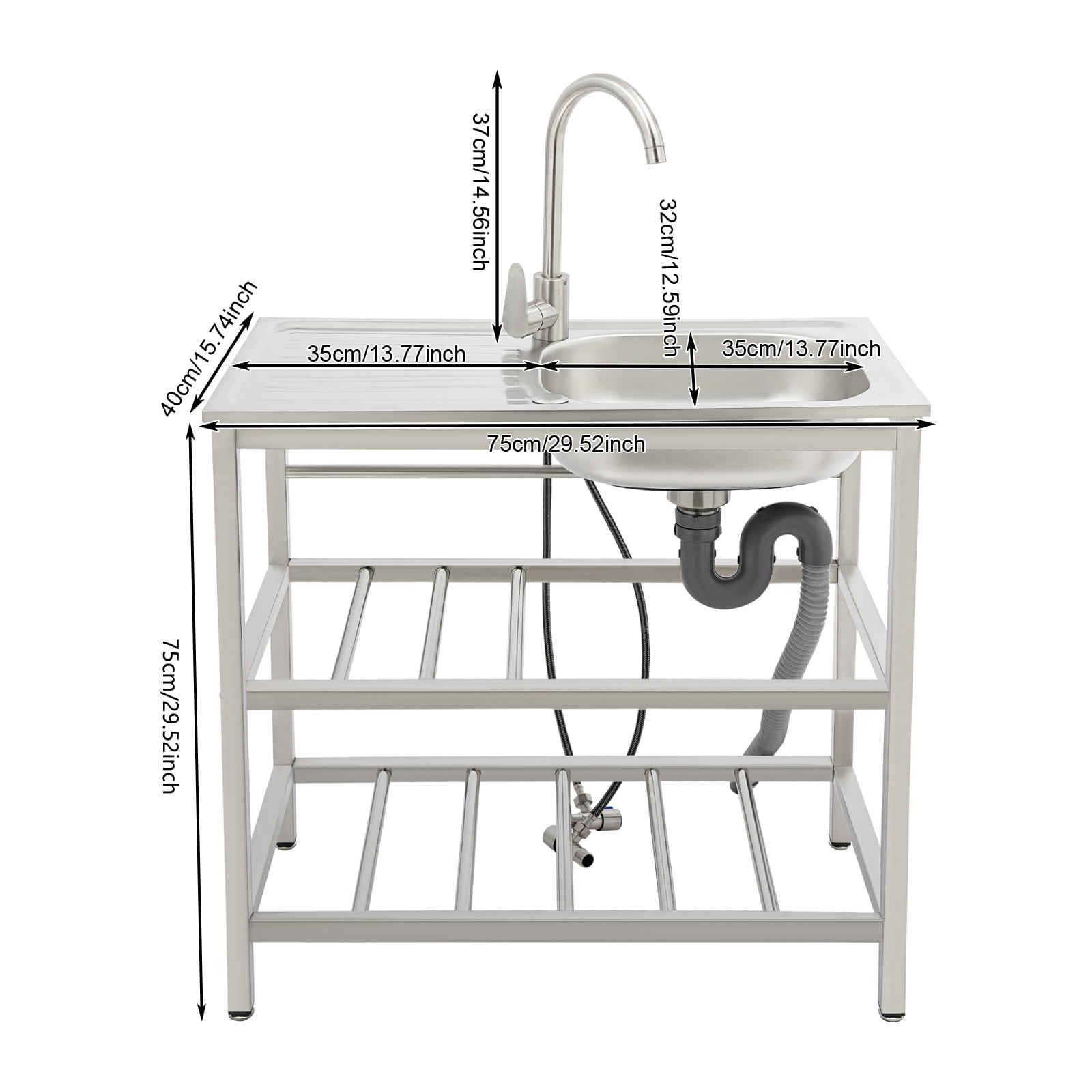 Stainless Steel Outdoor Utility Sink with Faucet Freestanding 75x40x78cm Kitchen Sink for Cafe, Bar, Bakery, Garden & Pet Shop
