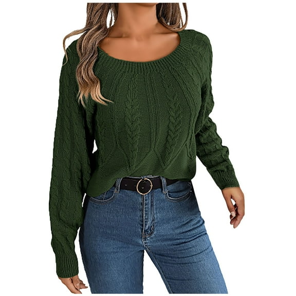 Herrnalise Women's Long Sleeve Oversized Crew Neck Solid Color Knit Pullover Sweater Tops Sweater Top Coat Green,L