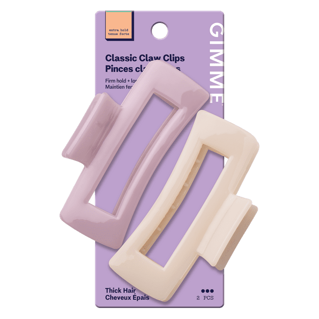 Two acrylic rectangle claw clips in purple and cream on a lavender card with text highlighting extra hold and suitability for thick hair.