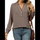 thumbnail image 3 of Camisas de Larga para Mujer, Jersey de Cuello en V A Rayas, Corte Holgado, Blusas Y2K con Botones, Conjuntos de Otoño para Mujer. Color Café M, 3 of 9