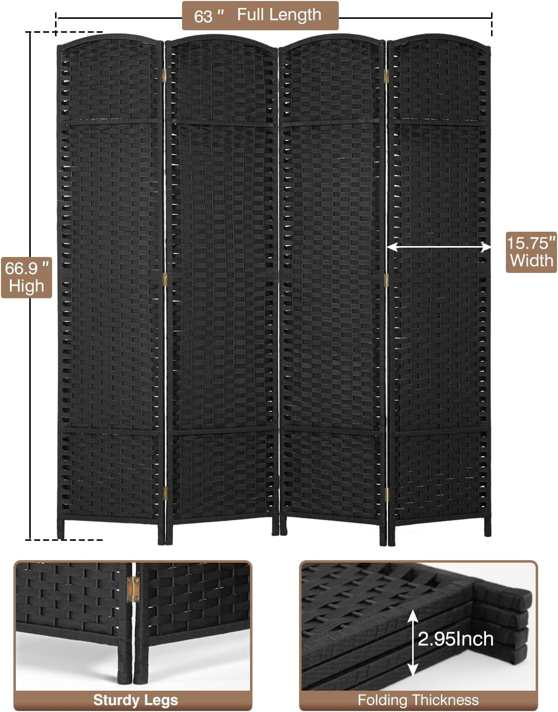 Dkelincs 4 Panel Room Dividers 5.6 FT Tall Portable Privacy Screen Folding Wood Partition Wall Divider for Room Separation, Black