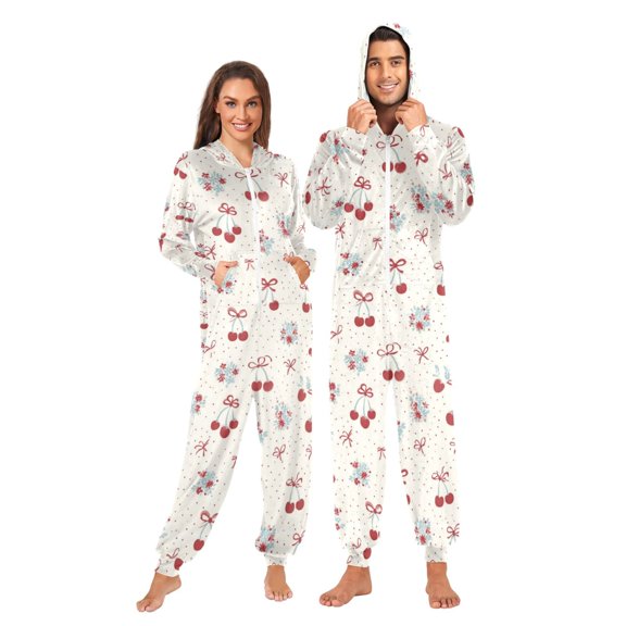 Adult Onesie Pajamas for Women and Men Loose Fit Full-Zip One-Piece Sleepwear with Pockets Cherries and Bows X-Small