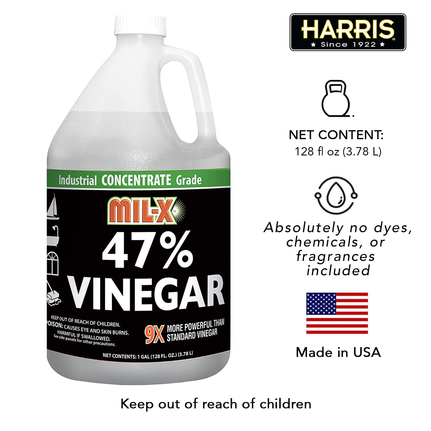 Harris Cleaning Vinegar Extra Strength - 47% Industrial Grade Concentrate - 128 Fl Oz