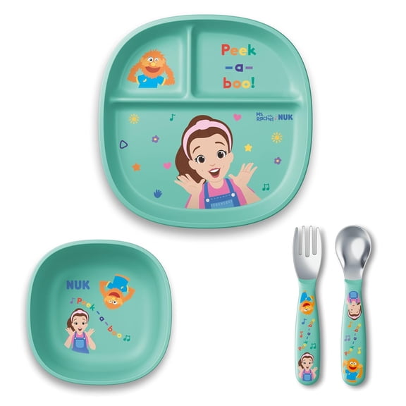 Ms Rachel Tableware Set, Toddler Plate and Bowl, Toddle Utensils - Fork Spoon, Kids Dining BPA-Free, Dishwasher-Safe