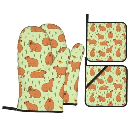 

Oven Mitts and Pot Holders 4 Piece Capybaras Grass High Heat Slip Resistant Oven Mitt and Trivets Set Kitchen Oven Glove Pot Holders for Cooking Baking Grilling