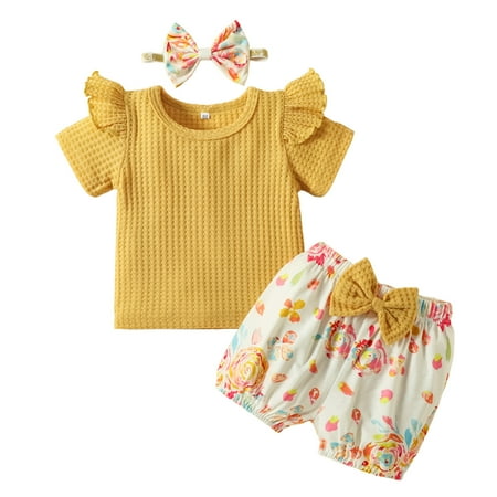 

Toddler Girls Outfit S Girl Clothes Ribbed Romper Floral Shorts Headband 3Pcs Outfits Set