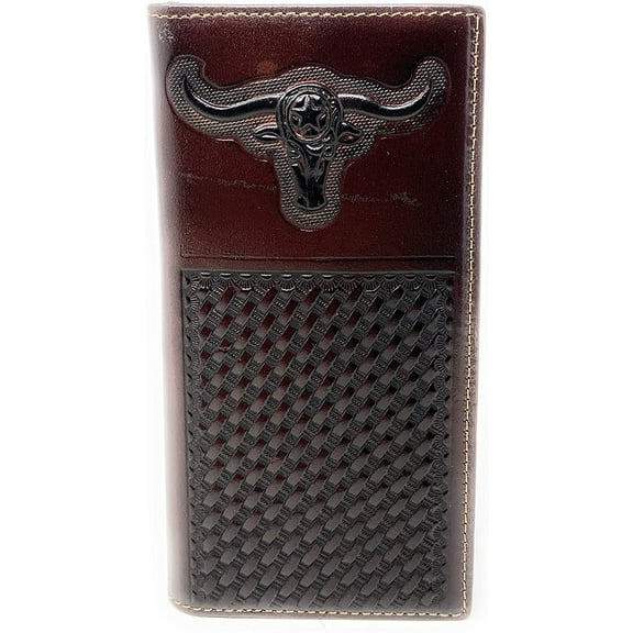 Premium Genuine Western Mens Embossed Longhorn Basketweave Long Wallet in 3 Colors