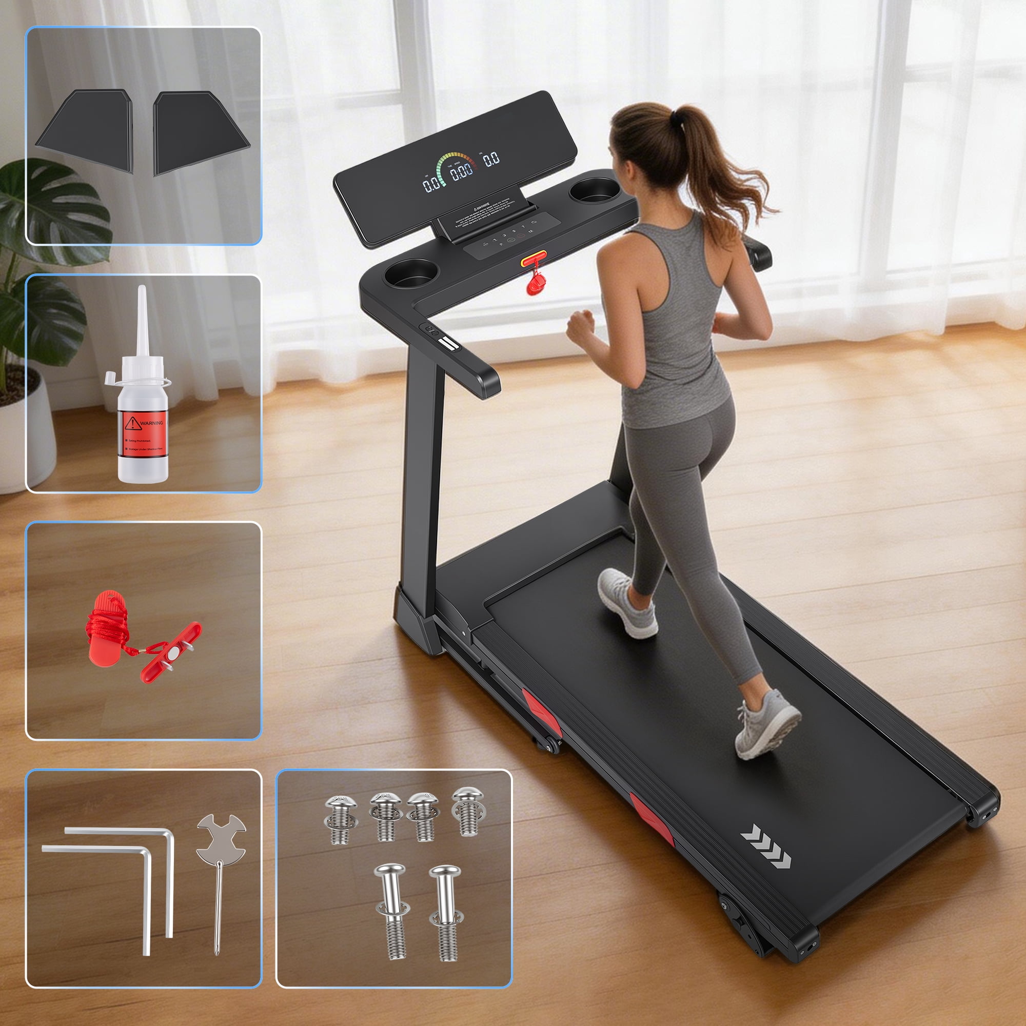 Naipo 3 Level Manual Incline Treadmill 2.5HP Dual Storage Folding Modes Treadmill with 0.6-8.5MPH Speed Range Foldable Monitor Water Cup Holder & Safety Key for Home Gym Exercise 286lbs