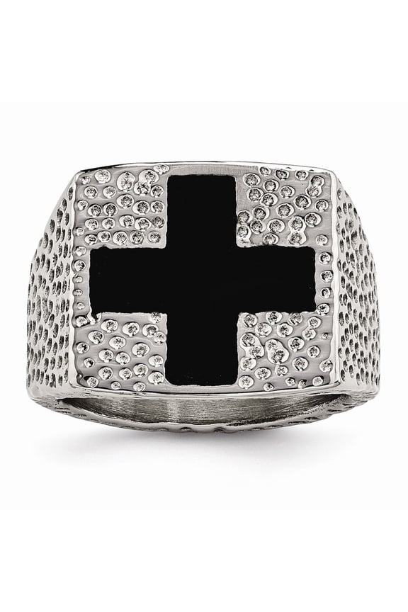 White Stainless Steel Ring Band Men's Black Textured Enameled Cross