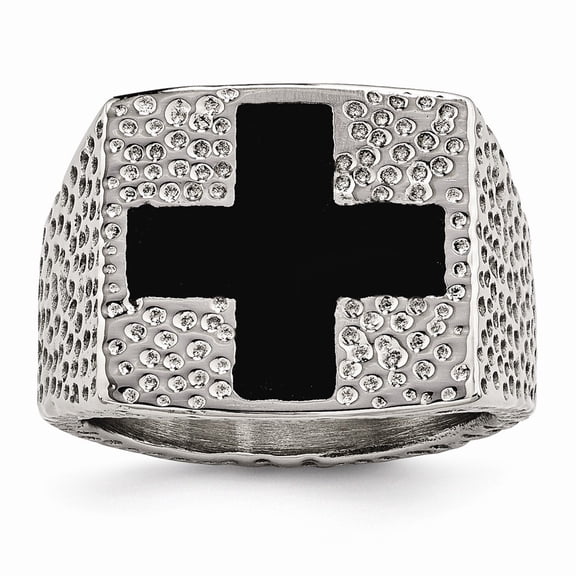White Stainless Steel Ring Band Men's Black Textured Enameled Cross