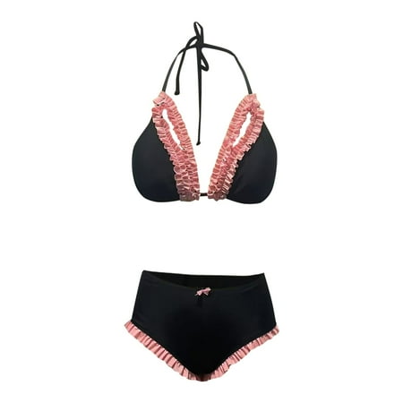2 Piece Swimsuit For Women Padded Push Up Bra Solid Color Ruffled Bikini Set Beachwear Black Bathing Suits For Women S