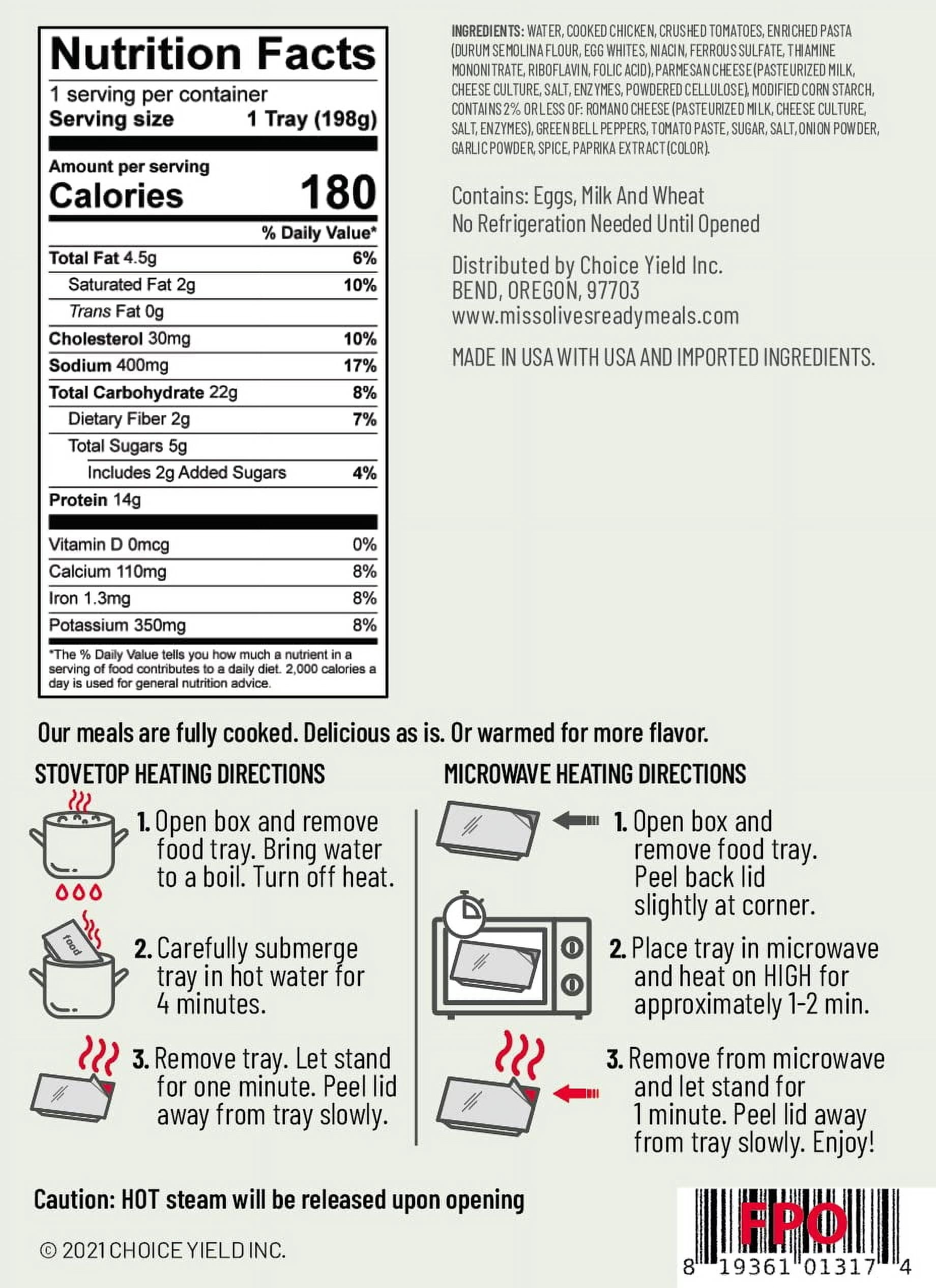 Miss Olives Variety Pack Microwavable Low Sodium Ready Meals (Bundle of 6)-1 of Each Flavor