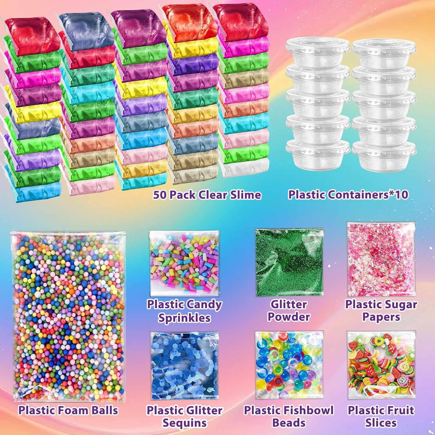 Slime Making Kit, 50 Pack Premade Crystal Clear Slime With Add-Ins, Foam Balls And Glitter, DIY Party Favor Toy Set For Kids Ages 3 To 12