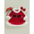 thumbnail image 3 of Christmas Clothes Set 12M 18M 24M 3Y 4Y 5Y 6Y Faux Fur Patchwork Long Sleeve Off Shoulder A-Line Dress with Belt + Bow Headband, 3 of 10
