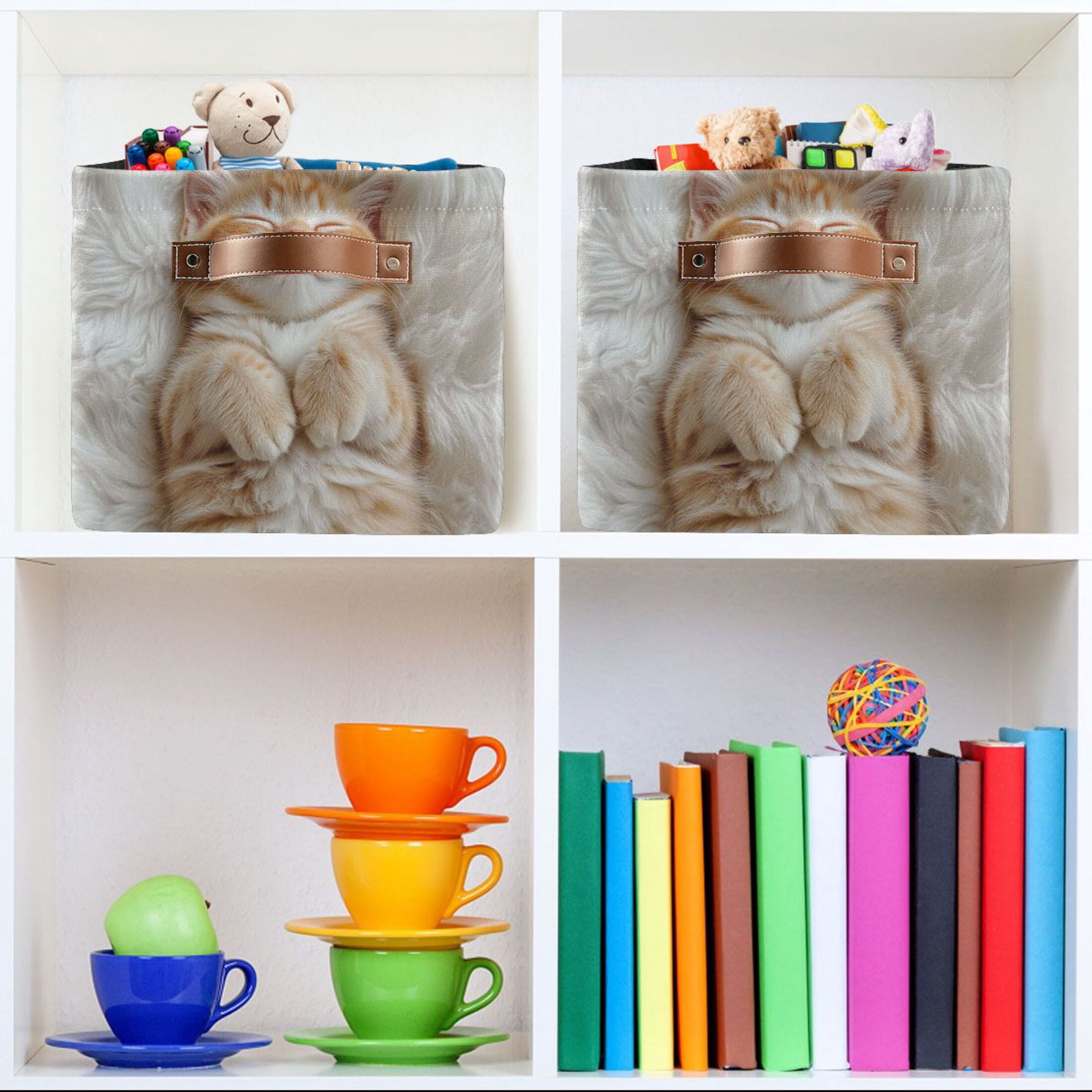 Cute Little Orange Cat Foldable Storage Basket,Canvas Fabric Foldable Storage Bins with Handles Open Home Storage Bins Boxes for Toy Book Shelf Closet Baskets