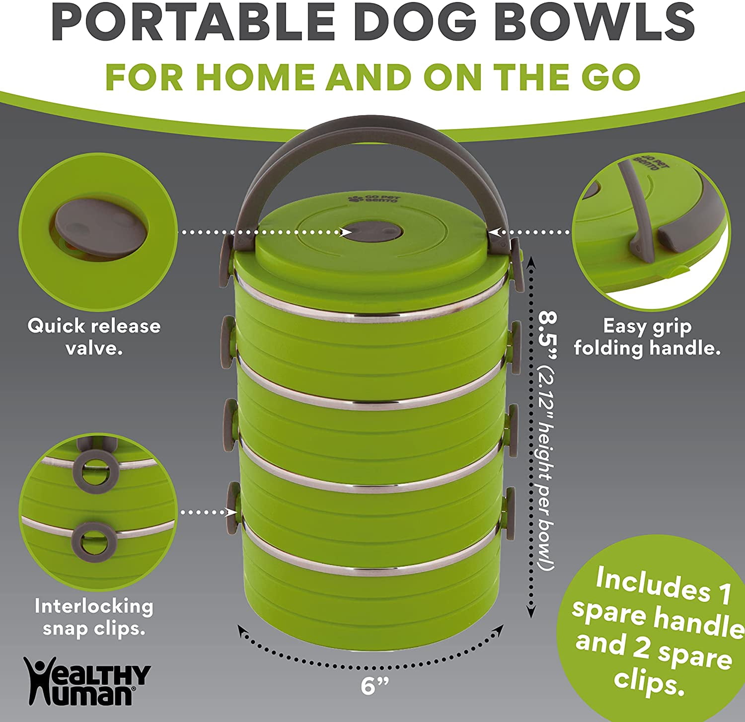 Healthy Human Travel Dog Bowls | Stainless Steel Go Pet Bento Bowl | Stackable Cat & Dog Food Bowls | Leak Proof | Set of 3 Interlocking Bowls, 2 Spare Clips, 1 Spare Handle (Green)