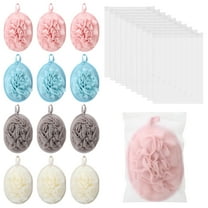 Abaima 12 Pcs Travel Size Loofah Individually Wrapped, Small Shower Puff Bath Sponge, 30g Pouf Ball Bulk, Colorful Mesh Bath Puff, Mini Loofah Sponge with Slide-Lock Bag for Shower Care, Lather Well