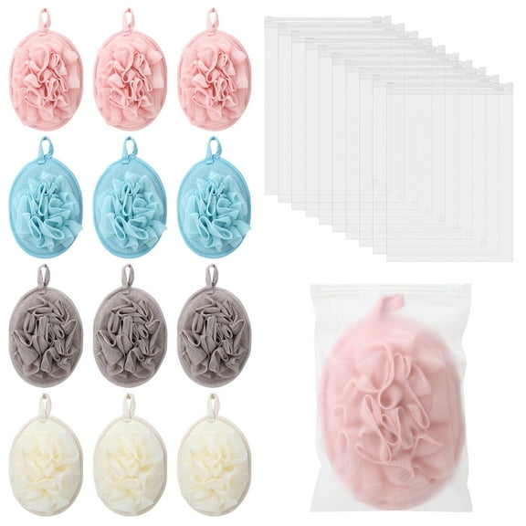 Abaima 12 Pcs Travel Size Loofah Individually Wrapped, Small Shower Puff Bath Sponge, 30g Pouf Ball Bulk, Colorful Mesh Bath Puff, Mini Loofah Sponge with Slide-Lock Bag for Shower Care, Lather Well