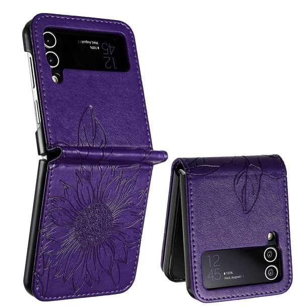 Funda tipo cartera con girasoles grabados para Samsung Z Flip 3: elegante, multifuncional y con protección total.