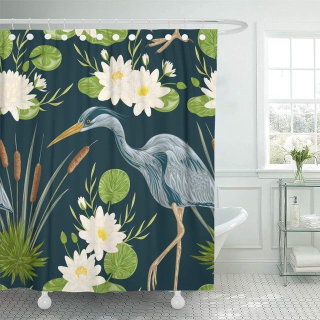 ABPHQTO Patrón sin costuras garza pájaro nenúfar y espadaña pantano cortina de ducha 150x180 cm