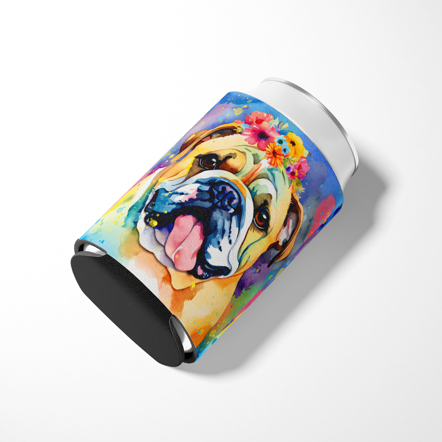English Bulldog Hippie Dawg Can or Bottle Hugger 3 in x 5 in