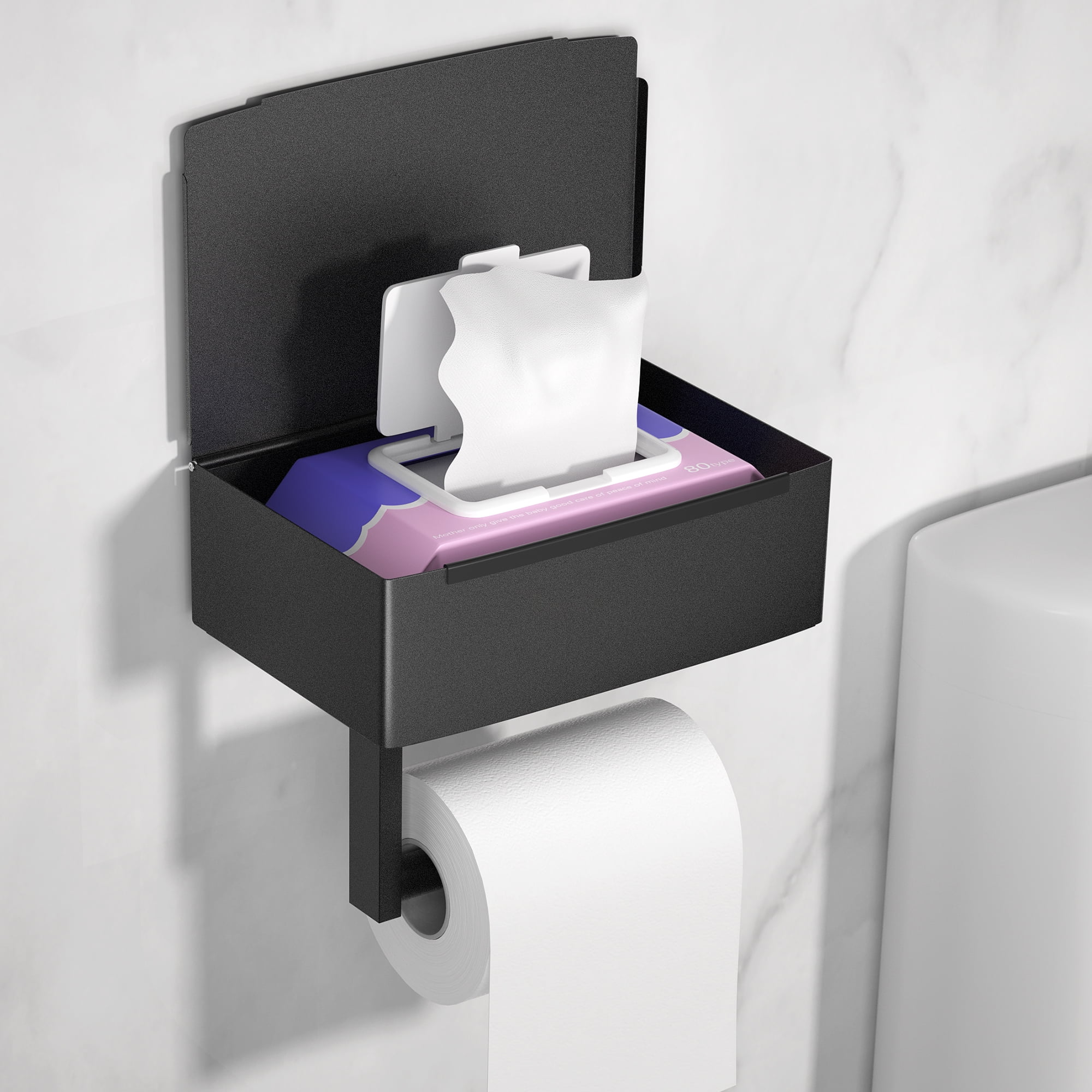 Famistar Toilet Paper Holder with Shelf, Flushable Wipes Dispenser, and