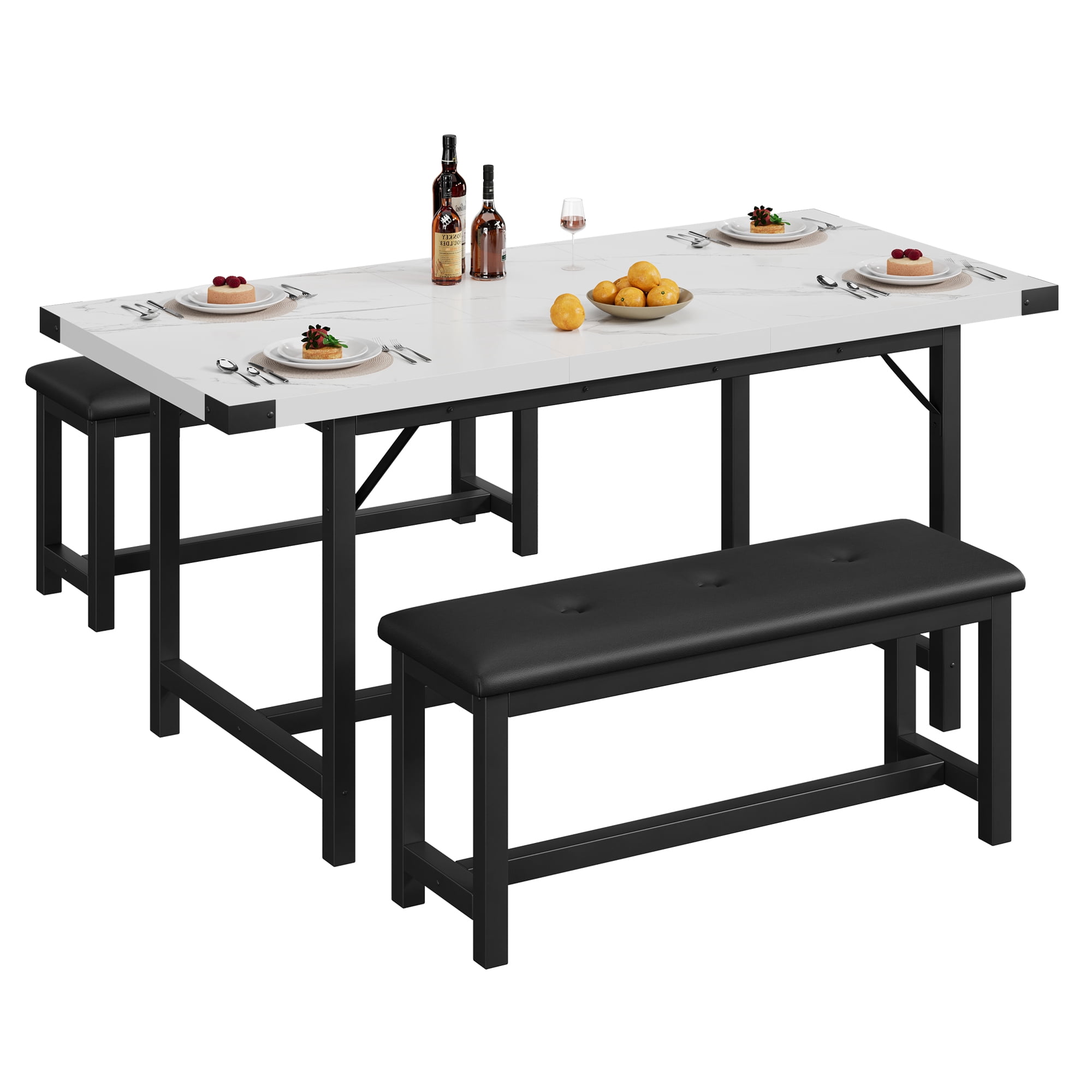 Extendable Dining Table Set for 4 to 6 People, Industrial Wood Table with 2 Upholstered Benches, Metal Corner Protectors for Small Space Apartment