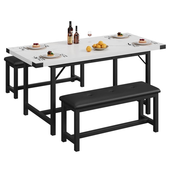 Accreate Extendable Dining Table Set, 3 Piece Kitchen Table with 2 Upholstered Benches, Wooden Dinette Table Sets for 4-6 People, Rectangle Small Dining Room Furniture