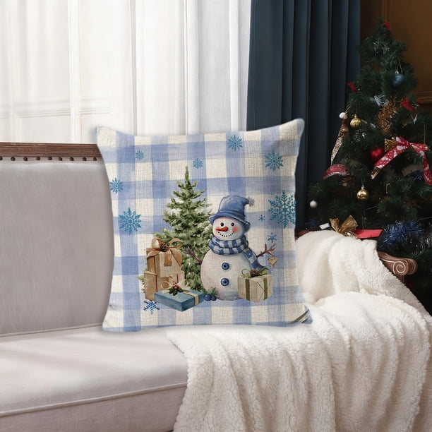 Seyotauo Winter Christmas Pillow Covers 18x18 Inch Blue Xmas Tree Decorative Throw Pillowcases Outdoor Holiday Seasonal Farmhouse Cushion Cases Decor for Sofa Couch Bed