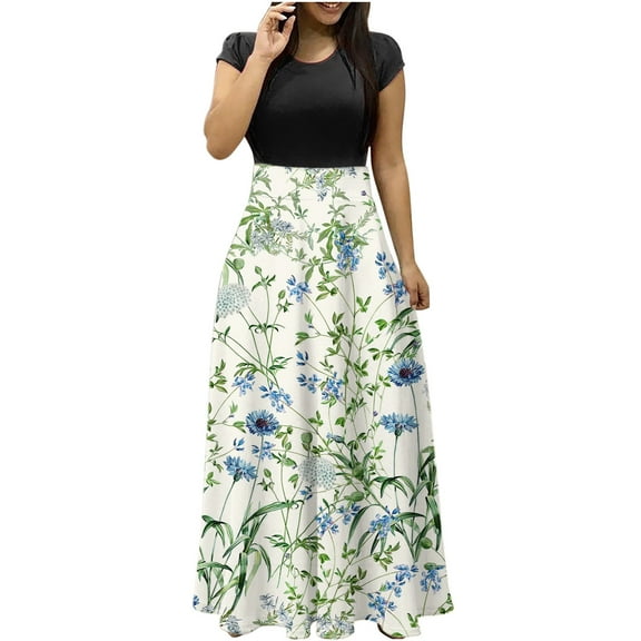 Patlollav Halloween Dresses Womens Long Dress Short Sleeve Colorful Print Beach Casual Maxi Sundress