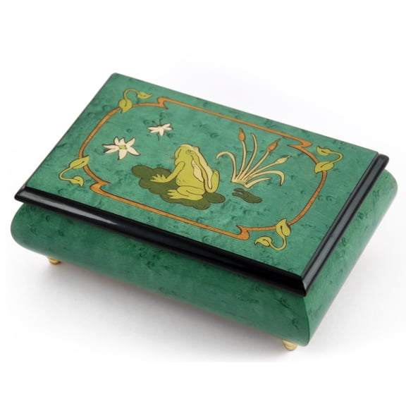 Brilliant Green Stain 30 Note Musical Jewelry Box with Frog on Lily Pad with Fireflies Wood Inlay - 9th Symphony (Ode to Joy)