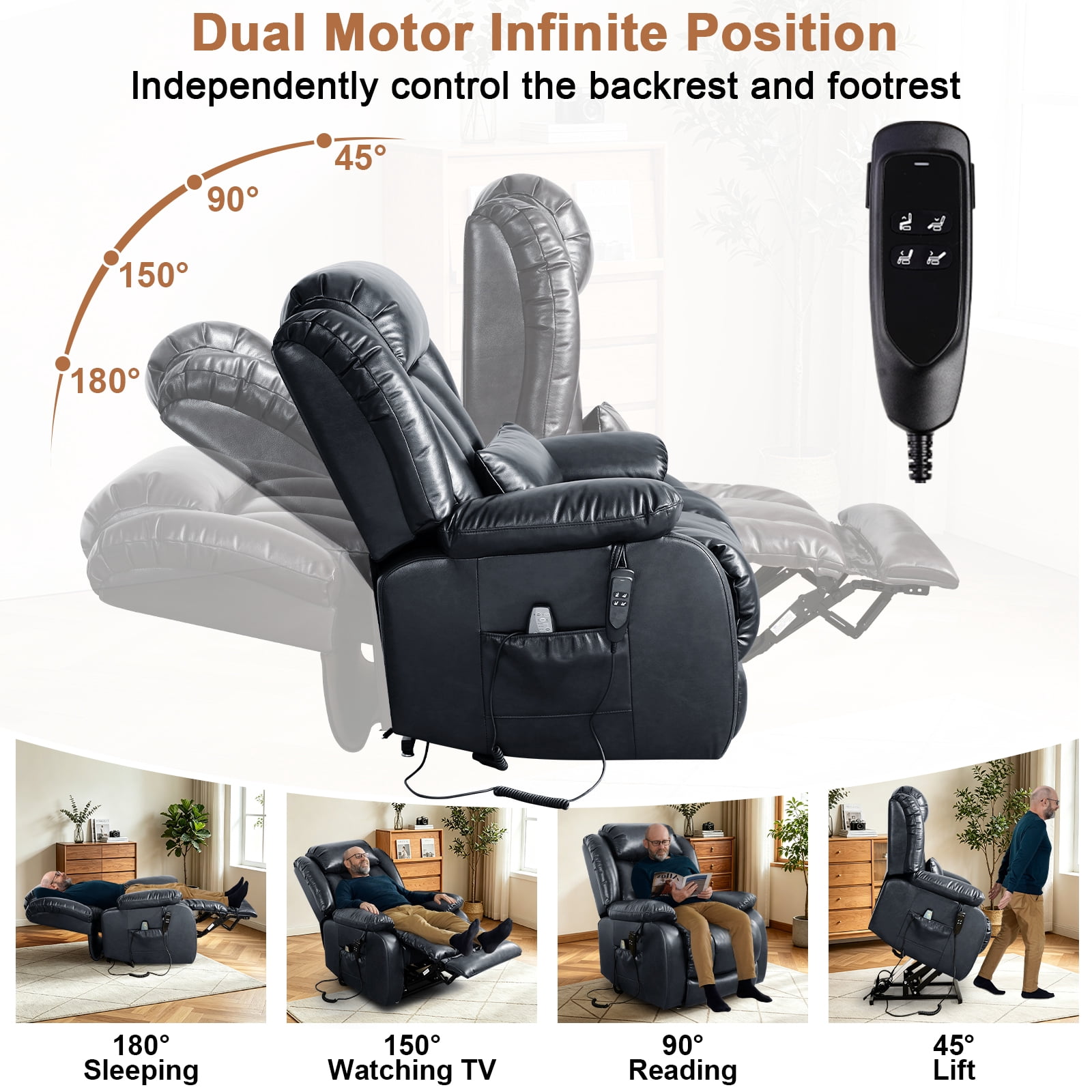 TEKAMON Infinite Position Lift Recliner Chair for Elderly with Heat Massage and Extended Footrest Lay Flat Sleeping Leather Dual Motor Power Lift Chair for Living Room (Blue)