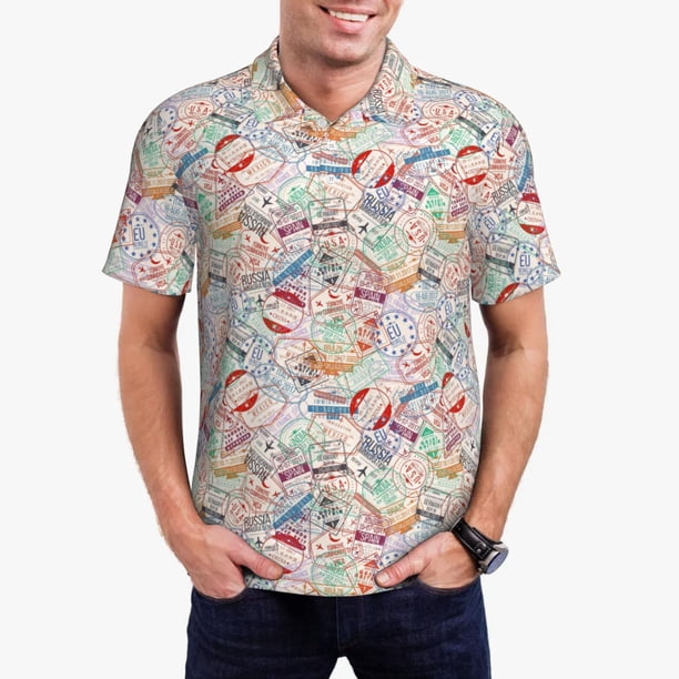 Fotbe Passport Stamp Camiseta Polo de Golf para Hombre con Estampado – Camisa Deportiva Transpirable con Cuello Abotonado-3X-Large