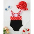 thumbnail image 4 of KIMI BEAR Newborn Baby Girls One-piece Swimsuit 0-3 Months Bathing Suit Ruffle Sleeveless Rash Guard Beach Wear Bowknot Spots Print Swimwear with Hat 2pcs Summer Beach Swim Suit Red, 4 of 9
