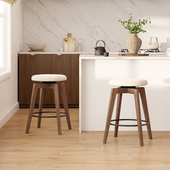 EYYTHUNG Swivel Bar Stool Set of 2, Farmhouse Backless Counter-Height with Wood Legs, Chenille Fabric Upholstered Bar Island Chairs, Brown Beige