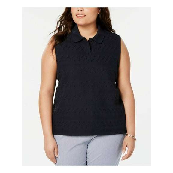 TOMMY HILFIGER $60 Womens New 0220 Navy Eyelet Collared T-Shirt Top 2X B B