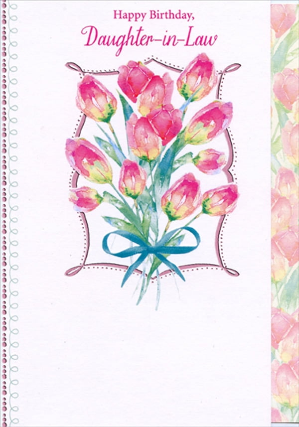 designer greetings pink flowers inside swirling pink foil